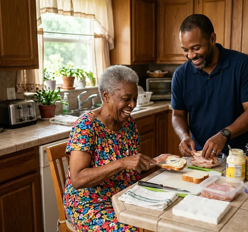 Adult son and his mother laughing while making sandwiches in her kitchen