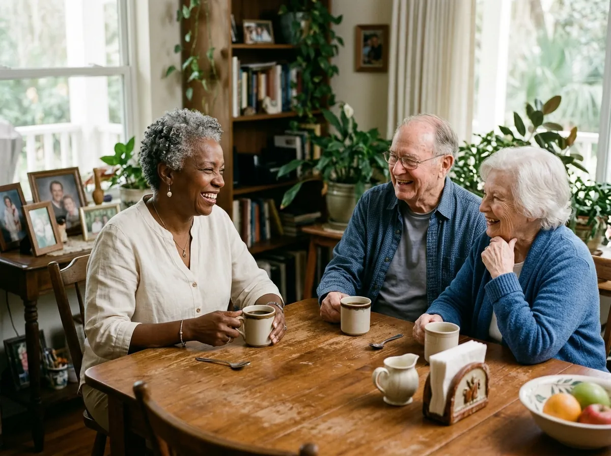 Caregiver and senior woman sharing a laugh at a kitchen table