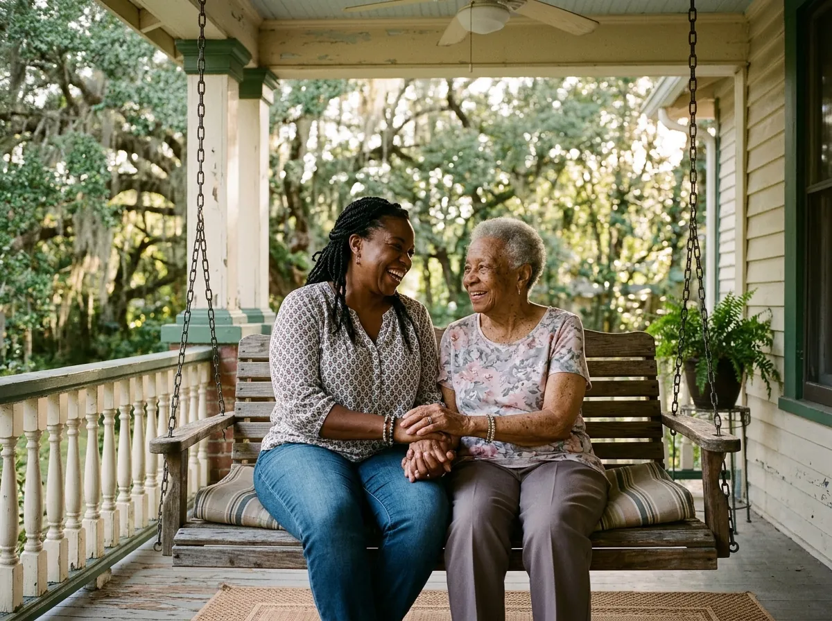 Caregiver and older woman looking through a photo album together on a sofa
