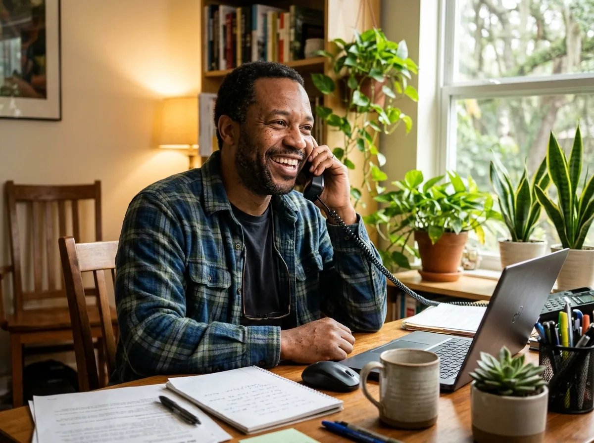 Care coordinator smiling on the phone at his desk