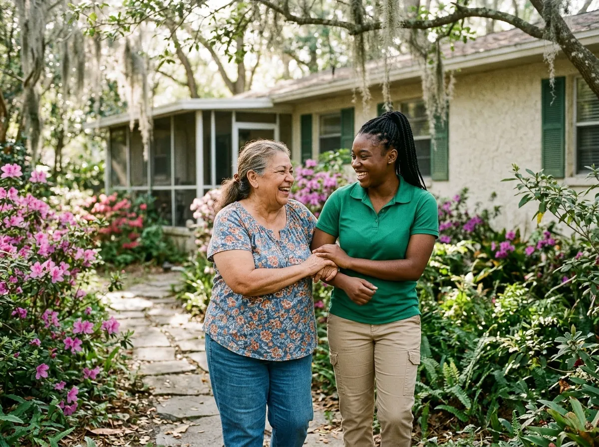 Caregiver walking arm in arm with a senior woman along a garden path