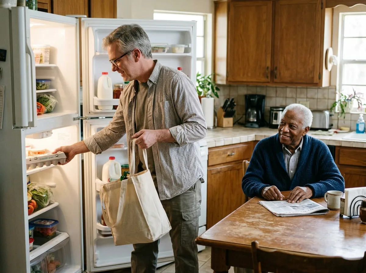 Caregiver organizing medications and discharge papers on a kitchen counter