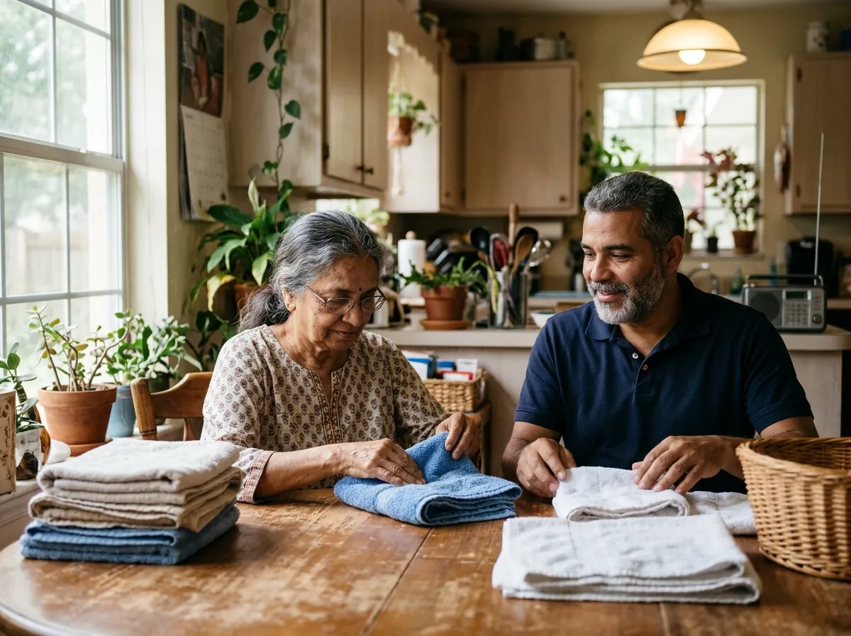 Caregiver and senior man working on a simple puzzle at a kitchen table