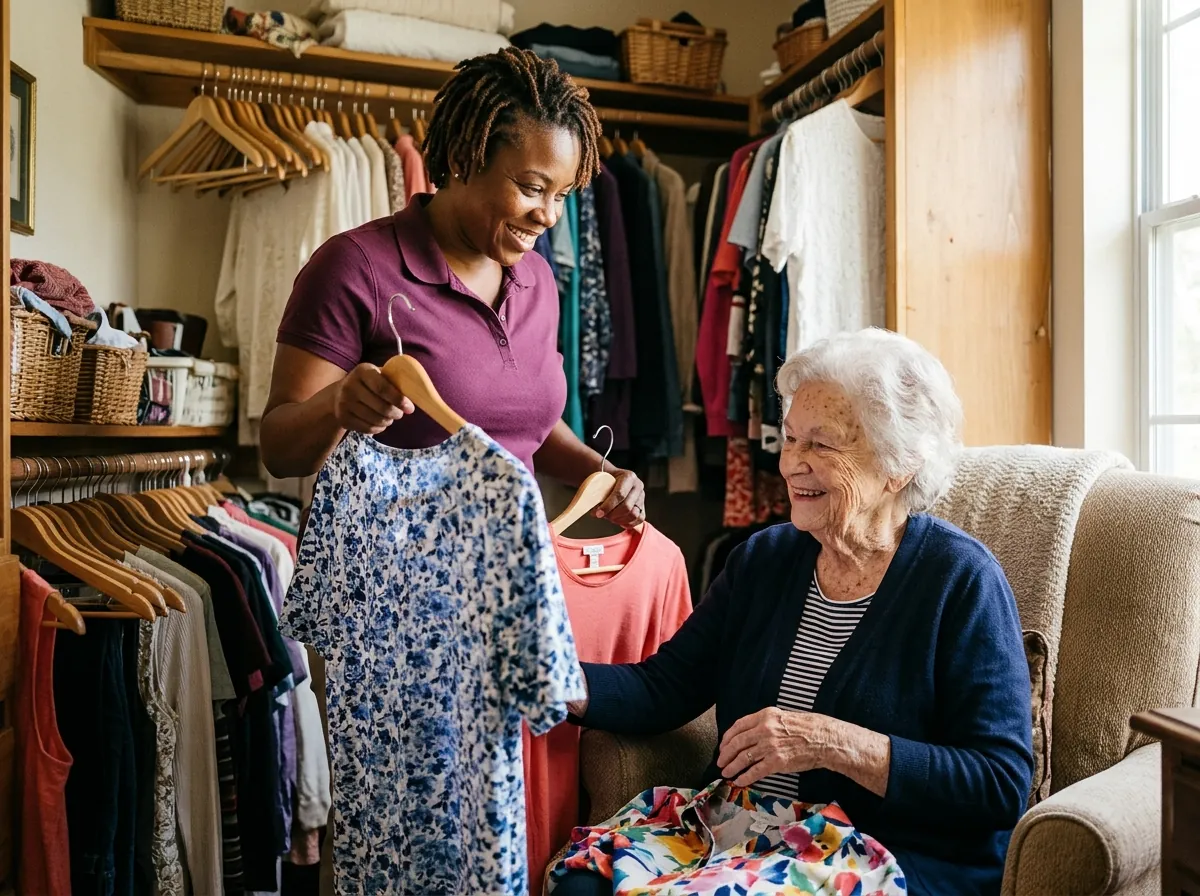 Caregiver steadying a senior man as he stands up from a chair at home