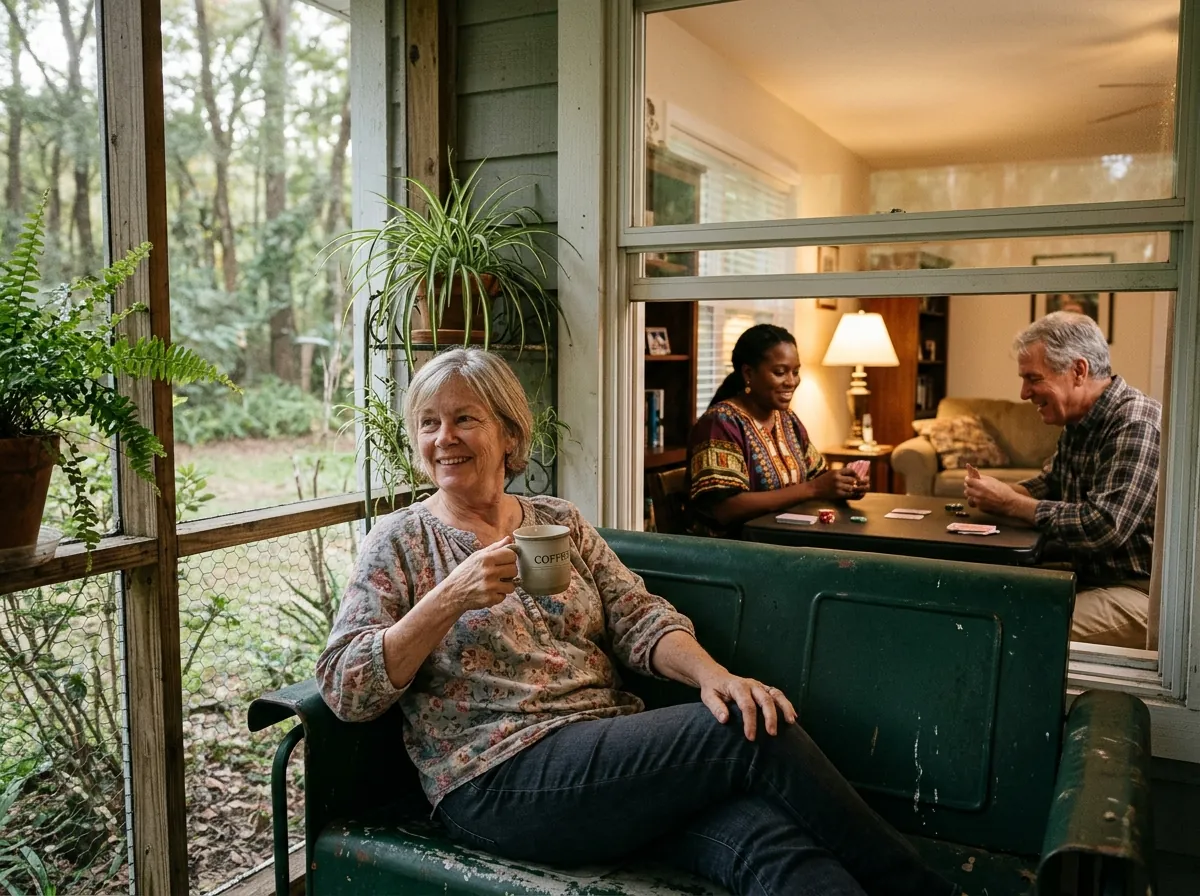 Caregiver and older woman playing cards at a dining table