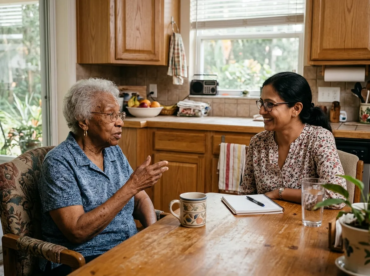 Adult son talking with his elderly mother on a sofa at home