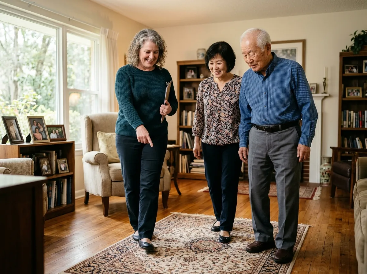 Care coordinator reviewing a care plan with an older couple at their dining table
