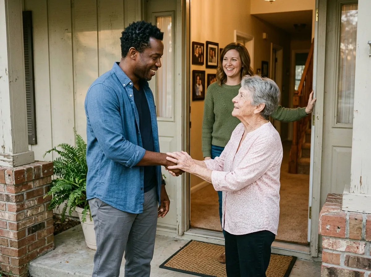 Caregiver introducing herself to a senior man and his daughter at the front door
