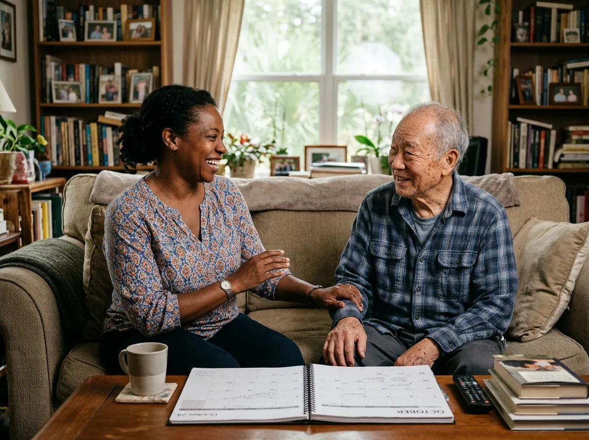 Home health nurse checking a senior woman's blood pressure while a caregiver looks on