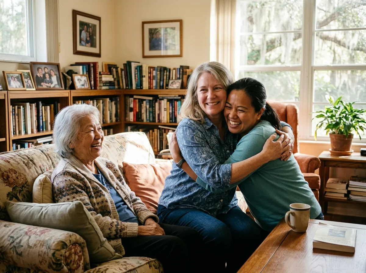 Daughter hugging her mother’s caregiver in a sunny living room