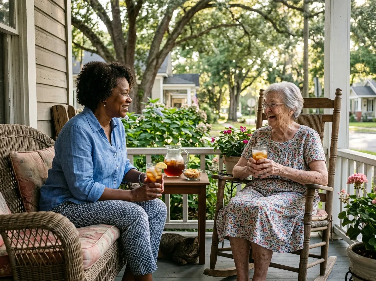 Caregiver and older woman talking on a front porch in a small Florida town