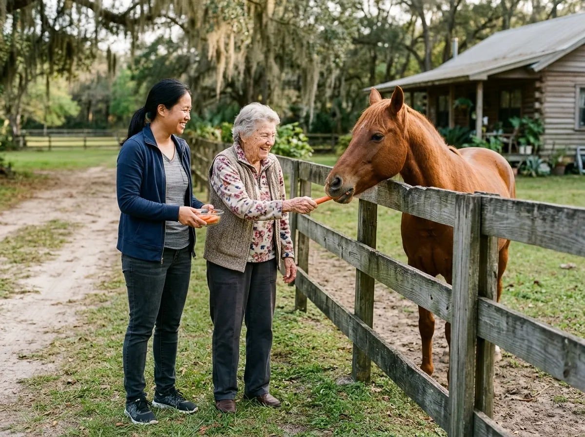 Caregiver and older man talking on the front porch of a rural Florida home