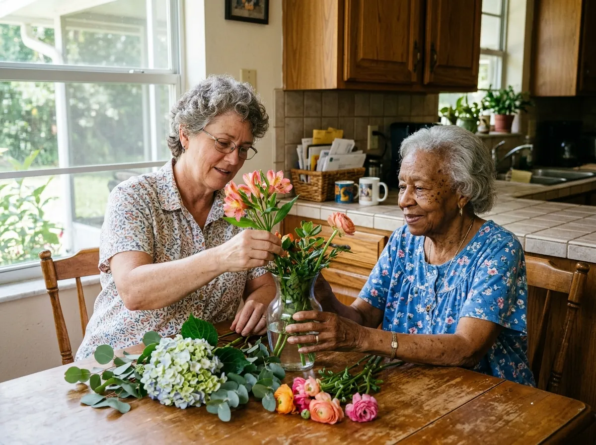 Caregiver and older woman resting on a garden bench beside a paved path