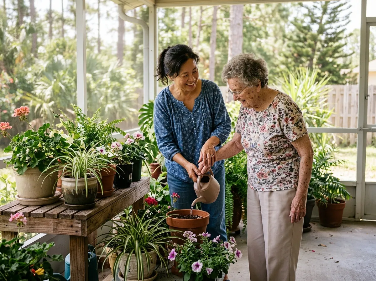 Caregiver and senior woman sitting together on a porch overlooking a lake