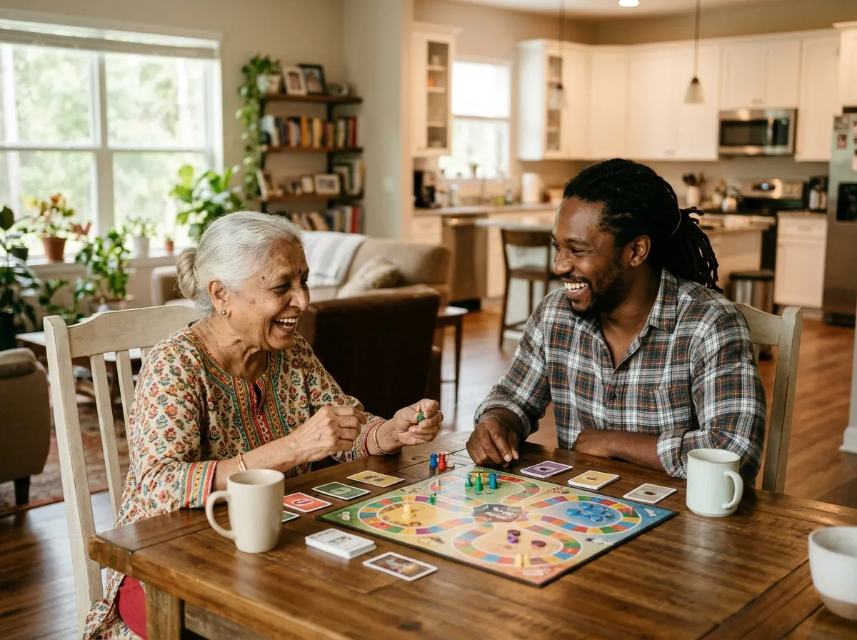 Caregiver and senior man reading together at a kitchen table in a bright, modern home