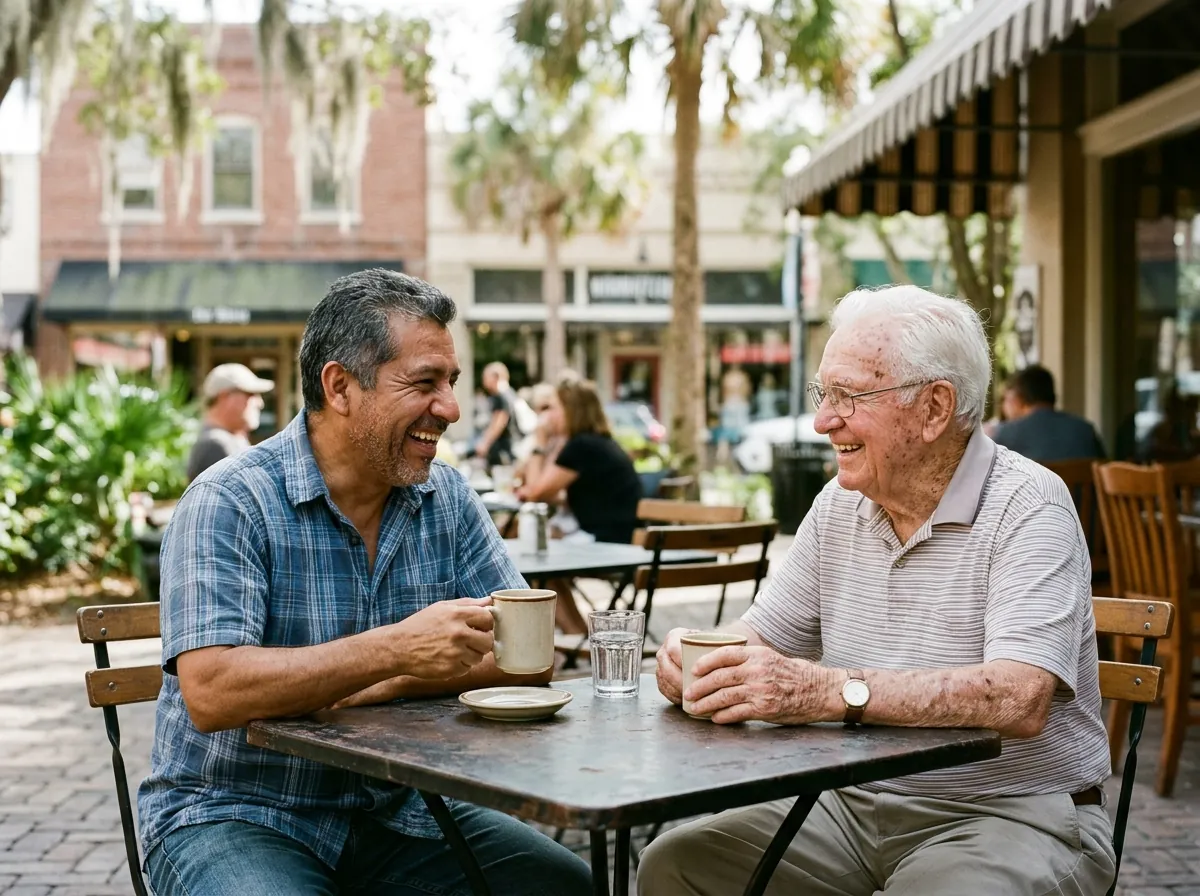 Caregiver and senior man walking together on a sidewalk past newer homes
