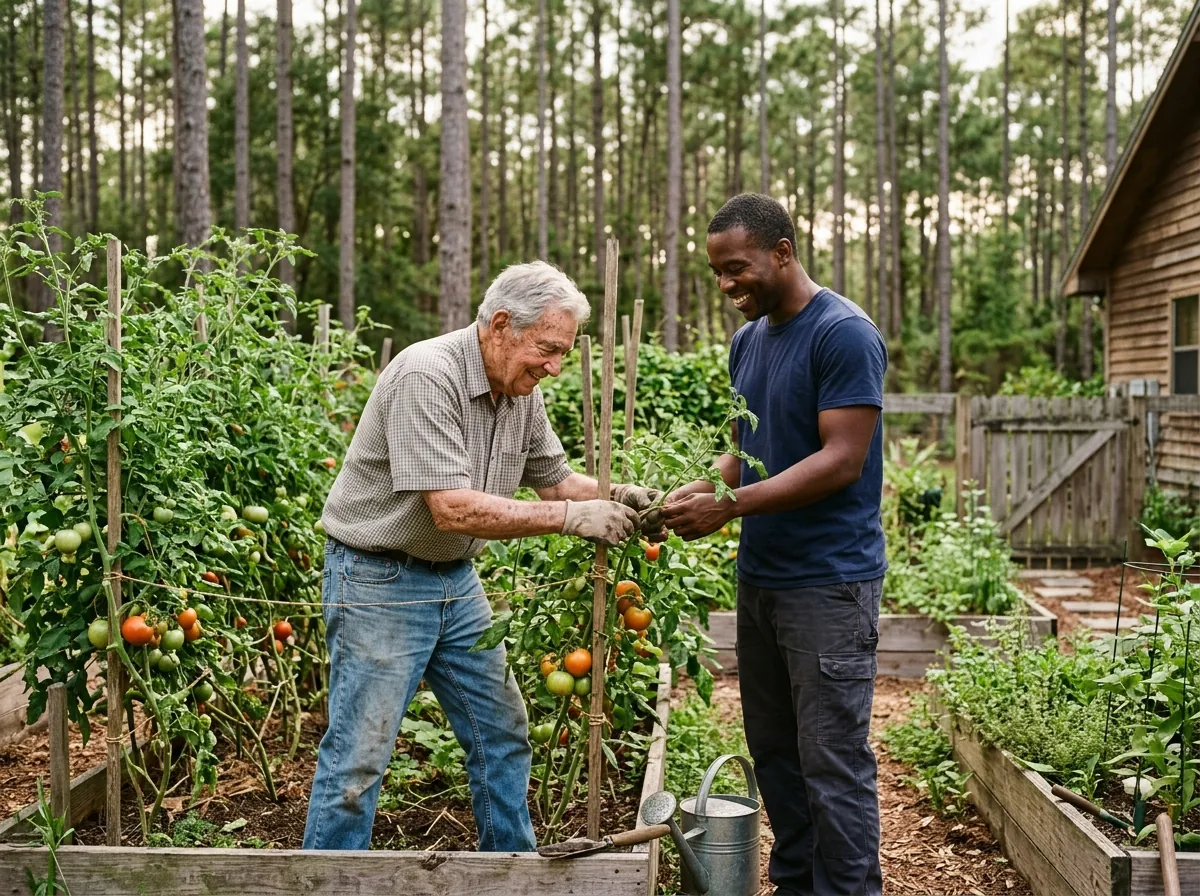 Caregiver and senior man walking together outdoors on a sunny morning in a small Florida town