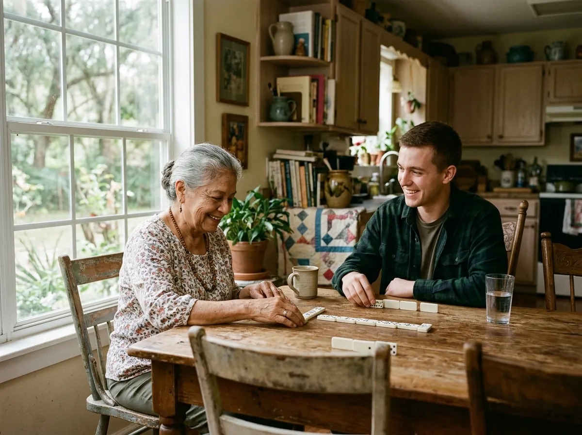Caregiver helping an older woman with lunch at her kitchen table
