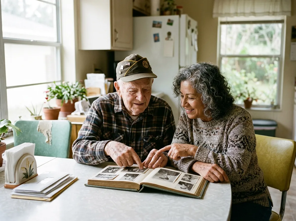 Veteran and his adult son reviewing benefit forms at a table