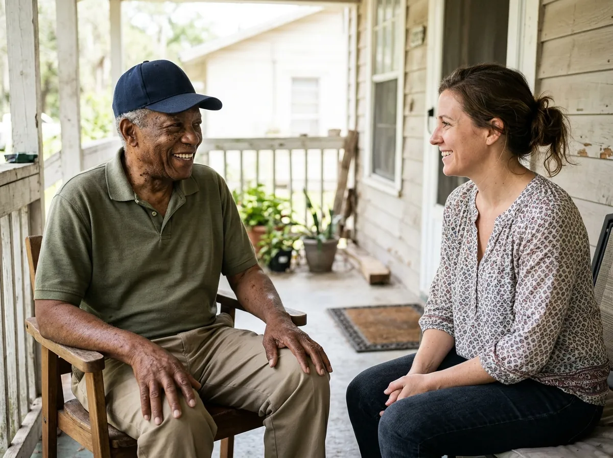 Older veteran in a cap sitting on a porch with a caregiver